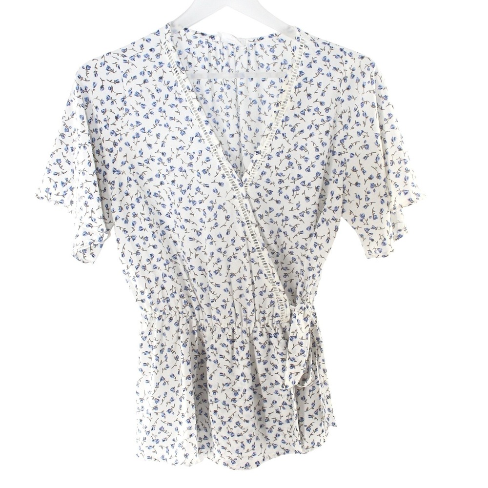 Sienna Sky Wrap Top Floral‎ Lace Trim Size M White Blue